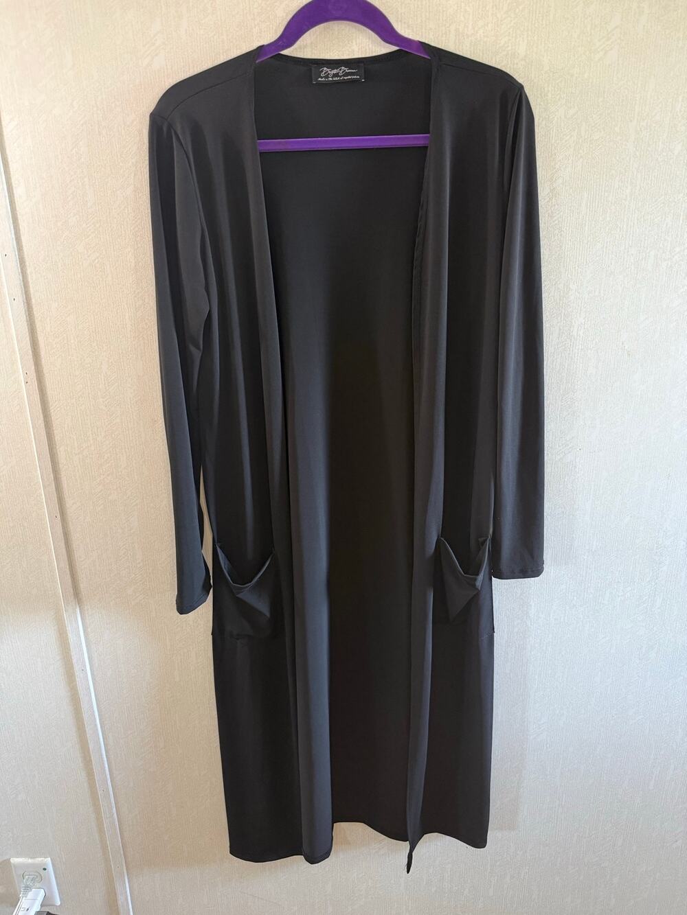 Brigitte Brianna Black Long Duster Cardigan Open Front Pockets Size Small